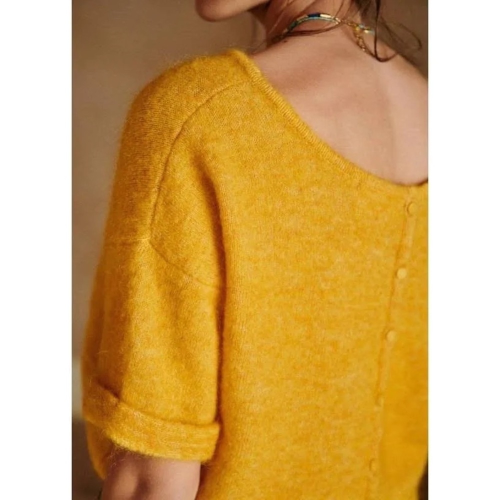 Sezane Mustard Yellow Fuzzy Boatneck Sweater - Picture 2 of 8